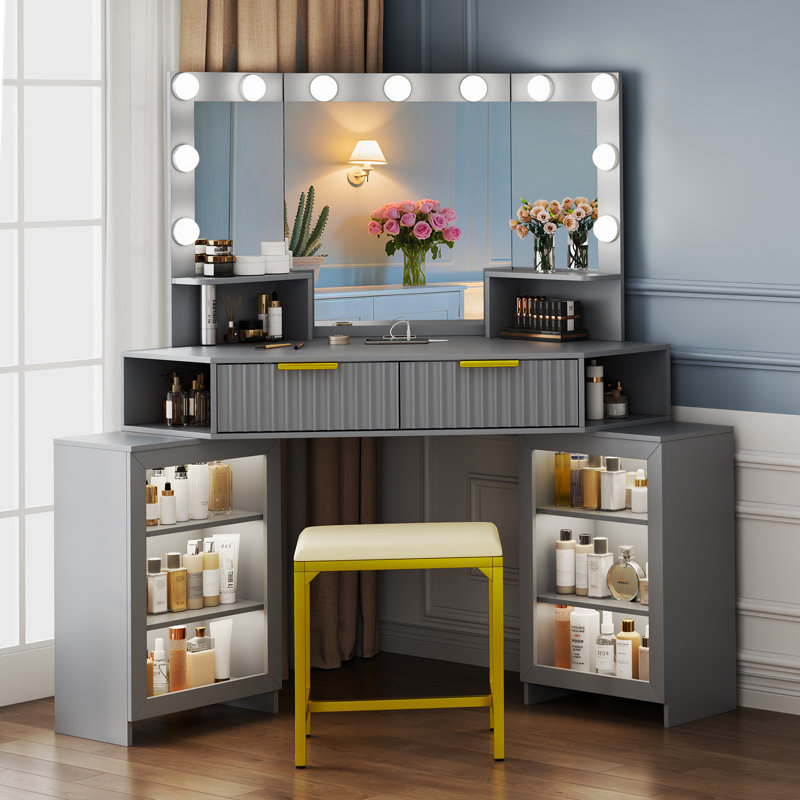 Dressing Table with Motion Sensor 3-colour lighting, Charging Socket and Stool, Grey