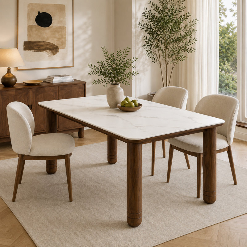 Table de salle à manger rectangulaire en bois massif de 63 po Brathwaite pour 4-6, table de salle à manger et de style Mid-Century moderne en chêne avec pieds cylindriques, capacité robuste de 1000 lb