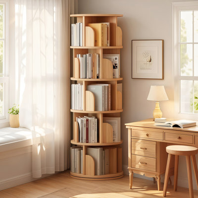 5 Tier Rotating Bookshelf With 360 Display, Stable Double - Layer Base And Multifunctional Storage For Office, Home, Wood Color Round Spinning Base, Curved Edge Safe Baffle Small Space In Bedroom,