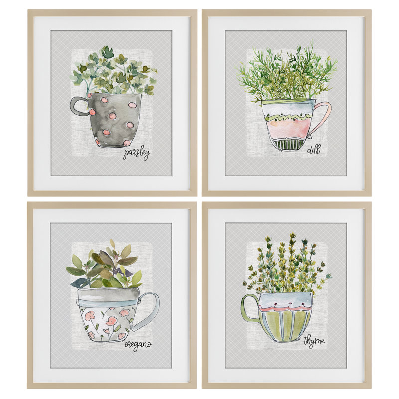 "Kitchen Herbs in Mugs", ensemble de 4 impressions encadrées sous verre, design par Livi Finn, H 21 po x l 17 po