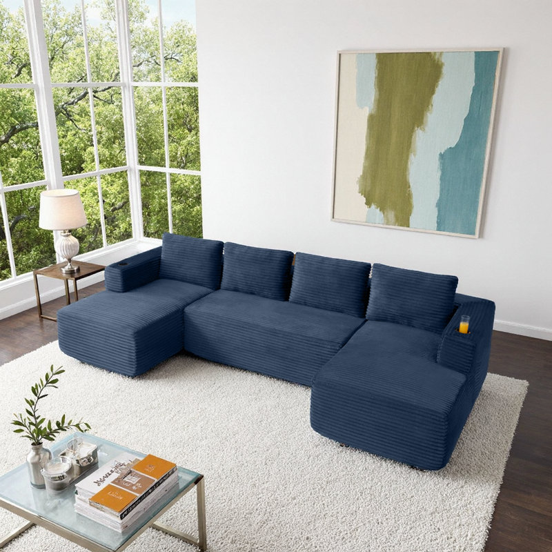 Canapé modulaire en forme de U 132 po Corduroy Cloud, sans assemblage, avec méridienne et porte-gobelets, bleu, 4 places