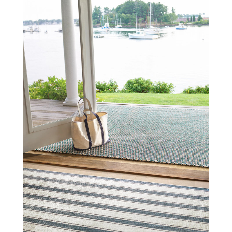 Blue Awning Stripe Machine Washable Rug, Rectangle 8'6" x 11'6"