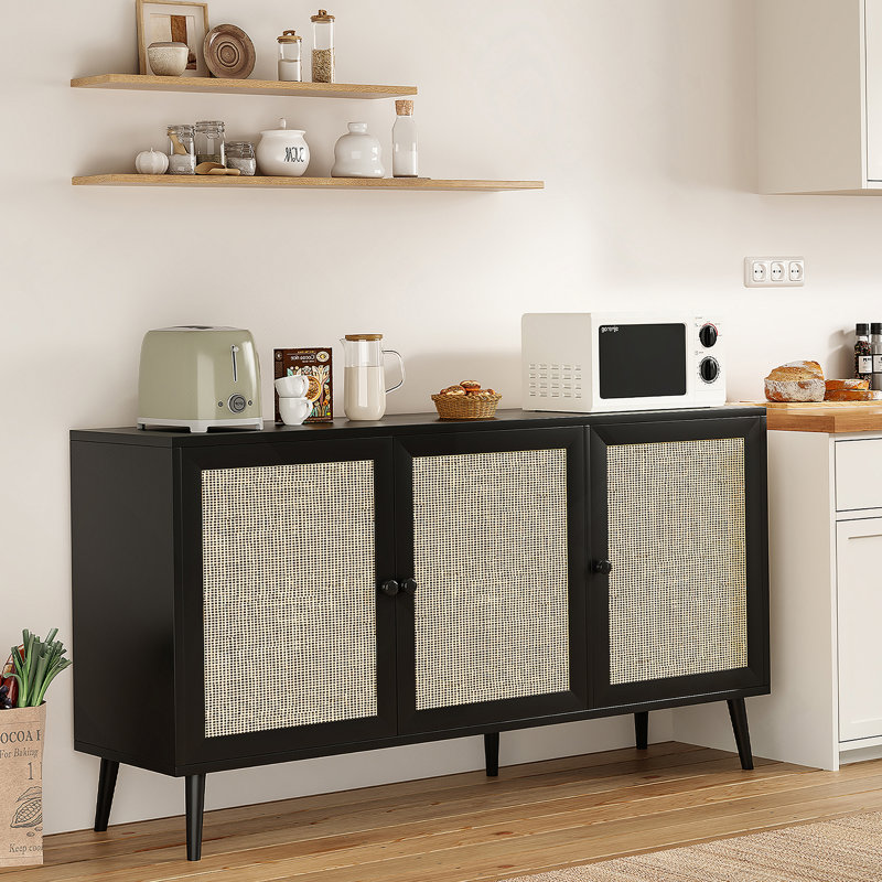 Sideboard Buffet Cabinet With 3 Rattan Doors, Kitchen Storage Cabinet For Entryway Living Room, Black