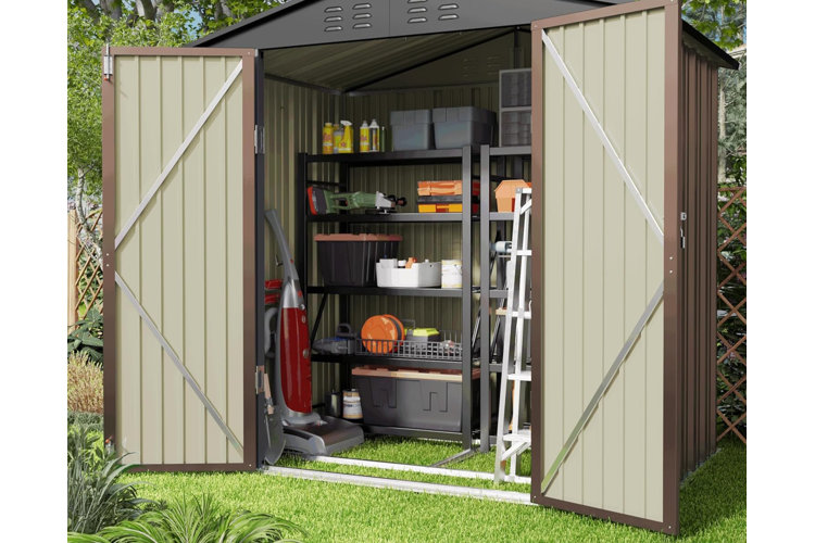 brown shed with black storage shelves filled with an array of plastic storage totes to keep everything inside organized