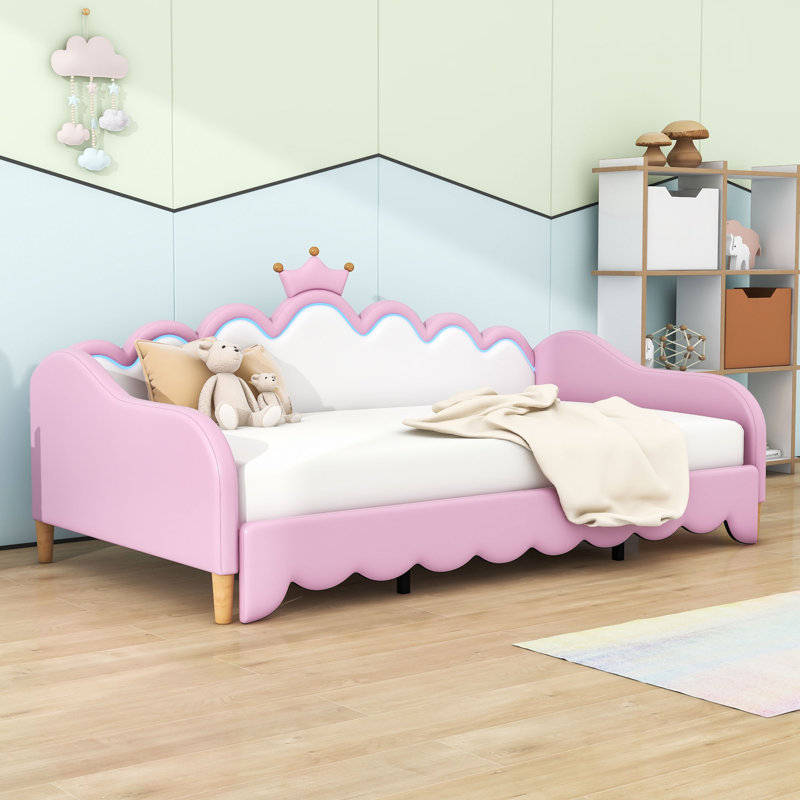 Extendable Twin Daybed with Headboard and LED Frame in Solid MDF, Pink