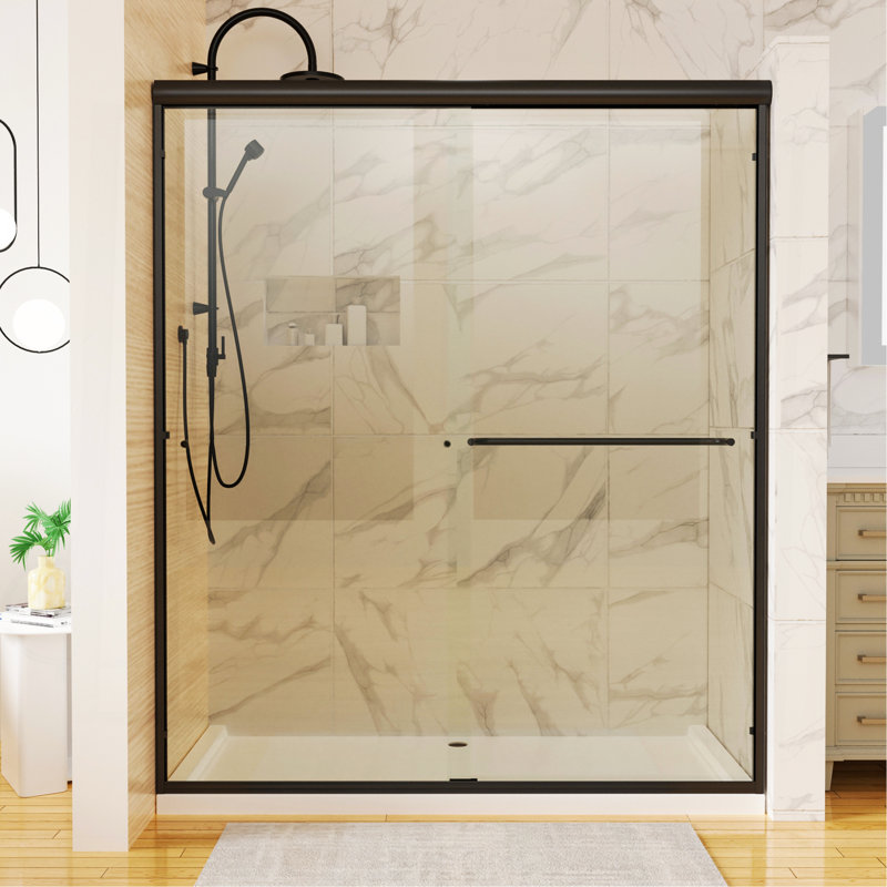 60 po X 70 po Porte de douche coulissante traditionnelle en noir mat avec verre transparent
