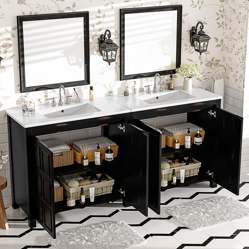 Ensemble de meuble-lavabo de salle de bain avec lavabos doubles (séparés), lavabos doubles en céramique, portes à fermeture douce et tablette réglable