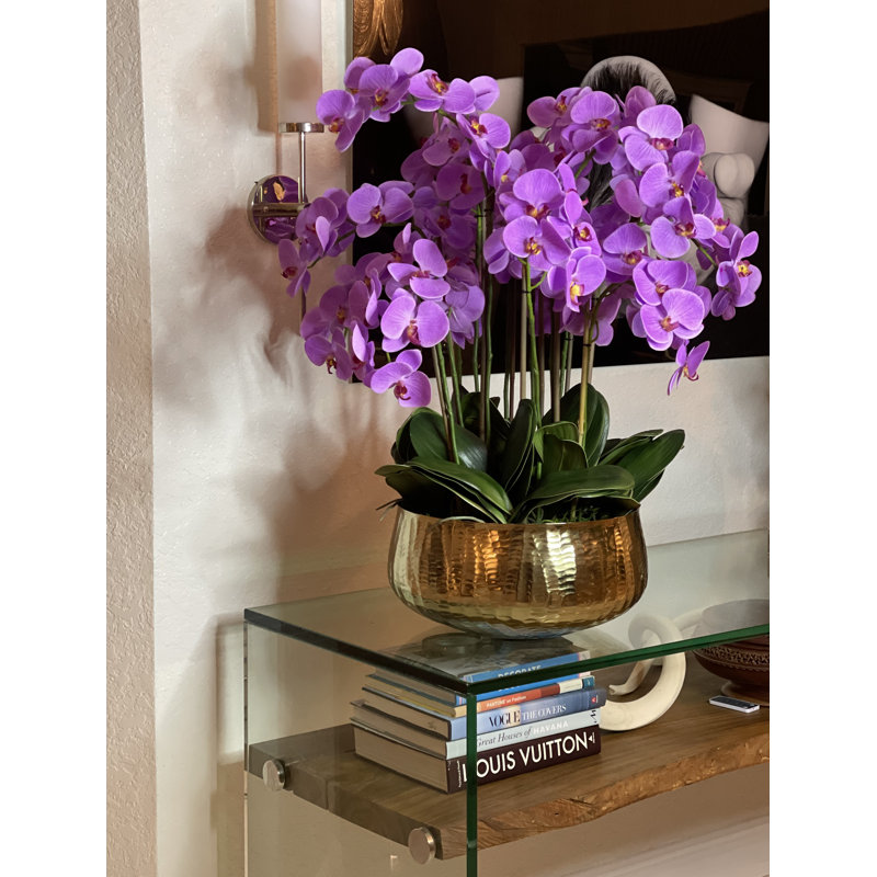 Roberi Gold Bowl With Light Purple Orchids, Light Purple