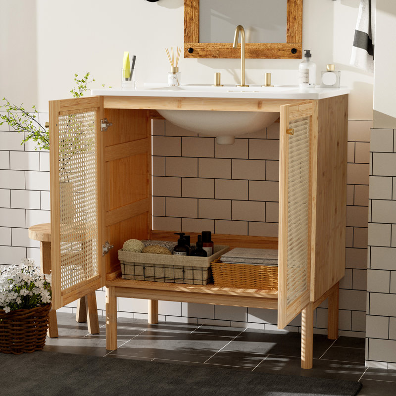 Meuble-lavabo de 30 pouces fabriqué à partir de matériaux naturels, avec des portes en rotin faites à la main et des mécanismes de fermeture en douceur