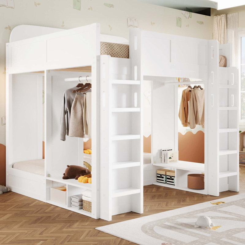 Lit superposé triple peu encombrant avec rangement intégré et crochets de suspension, Blanc