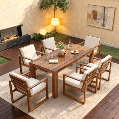 Ensemble de salle à manger rustique en bois d'acacia pour 6 personnes avec trou pour parasol et coussins amovibles, idéal pour les espaces extérieurs