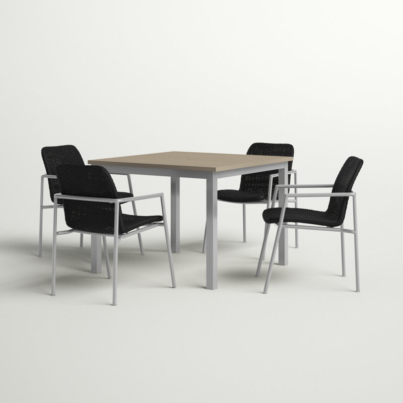 Orso 5-Piece 39" Square Dining Table & Armchairs Set - Vintage Tekwood Top Shadow Resin Wicker, Flint