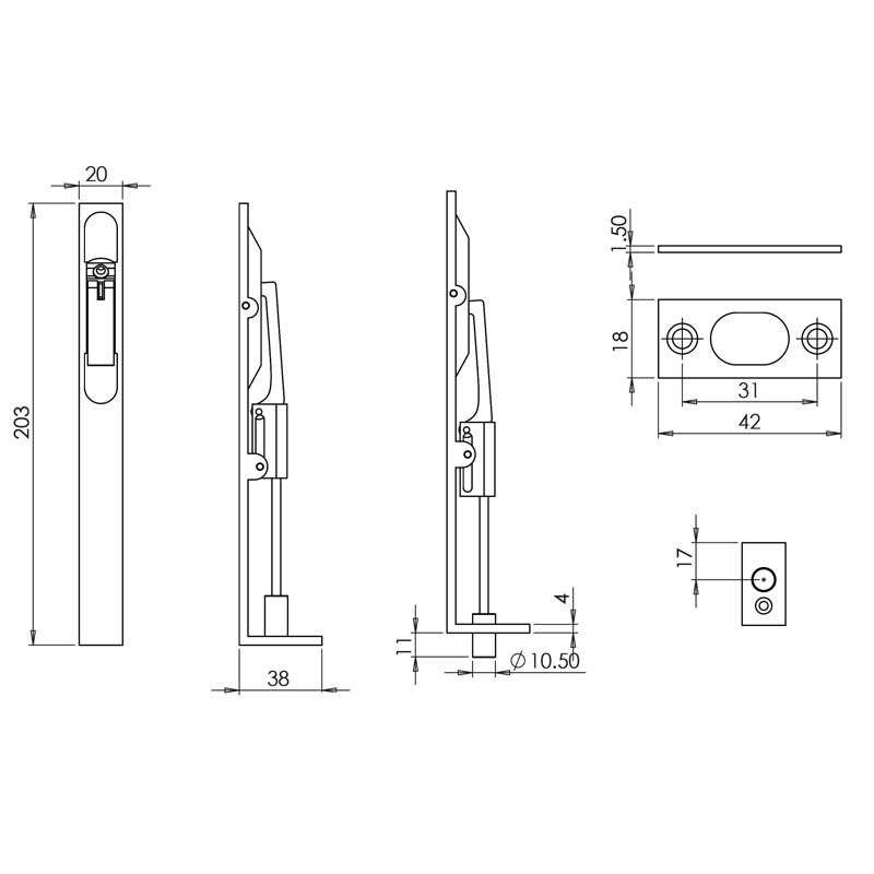 Lever Action Flush Bolt, 20cm H x 2cm W x 2cm D