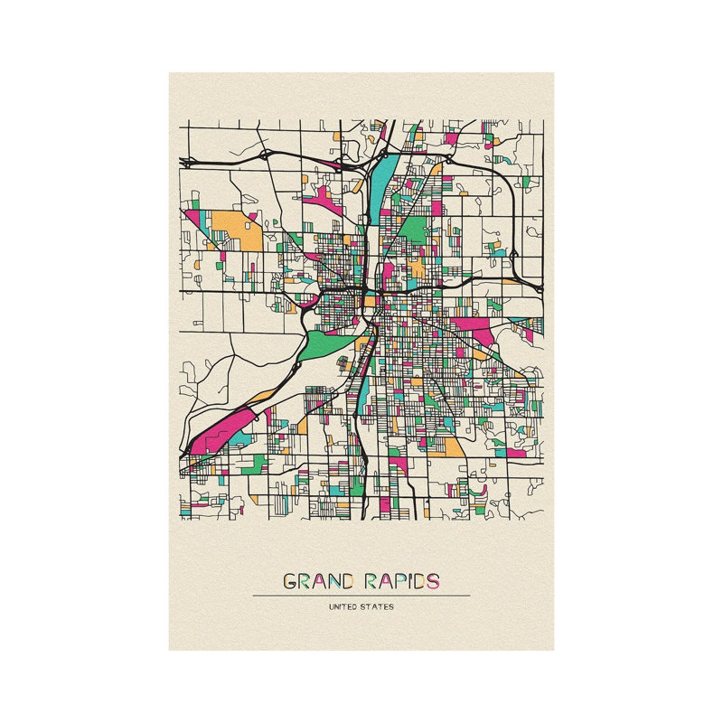 Grand Rapids, Michigan Map 1 Piece Wrapped Canvas Wall Art, 101.6 cm H x 66.04 cm W x 1.91 cm D