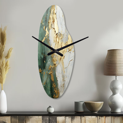 Gold And Green Paint Fusion - Abstract Painting Asymmetrical Metal Wall Clocks, Beige Curved Wall Clock Print