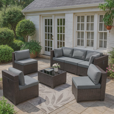 Ensemble de conversation modulaire pour patio en osier 6 personnes avec coussins