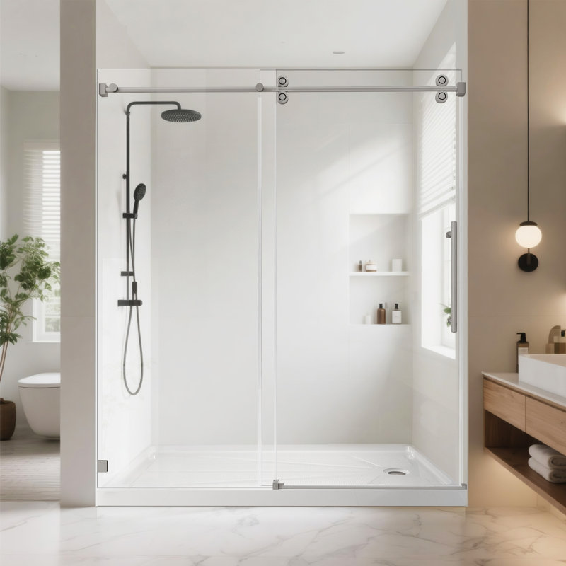 72"W x 76"H Frameless Shower Door with 3/8" (10mm) Easy-Clean Glass, 2" Adjustable Stainless Steel Rail, Brushed Nickel