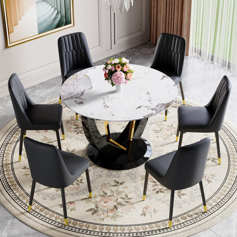 48" Modern Round Dining Table For 4-6 With Tempered Glass Tabletop, Black, 7 Pieces: Table, 6 Chairs