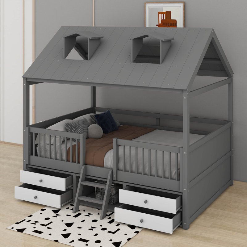 Lit double en bois, Gris