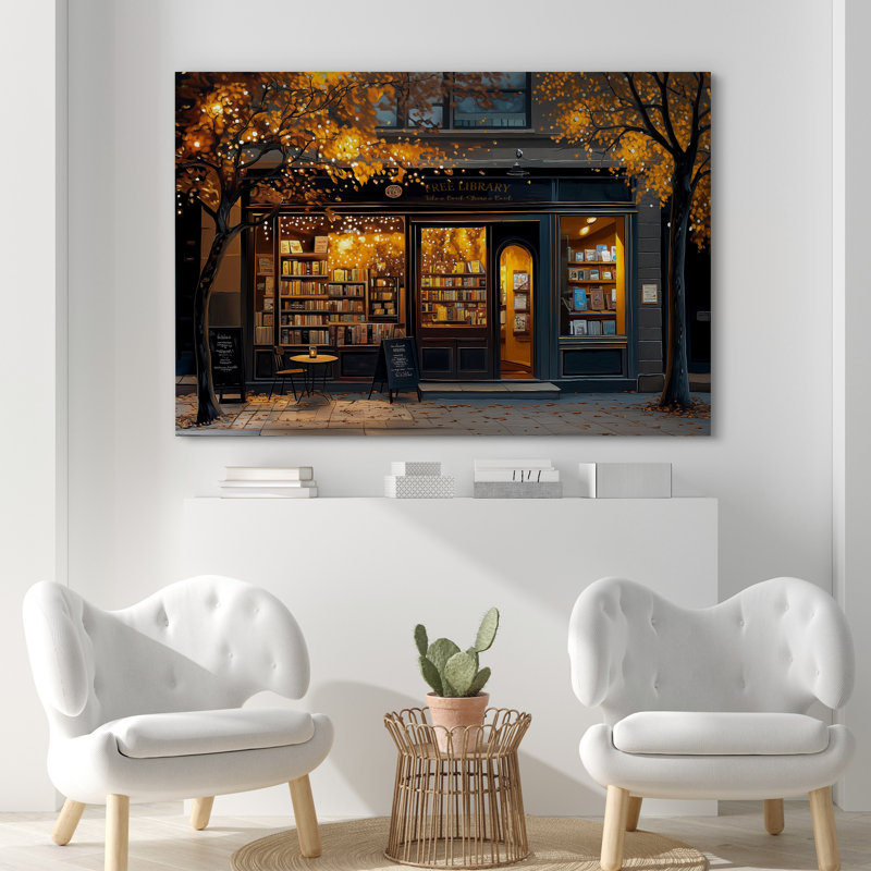 Whimsical Autumn Street Free Library with Fairy Lights Art Print Pictures Canvas Print Wall Art, Wrapped Canvas
