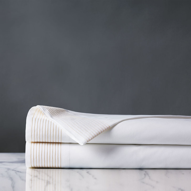 Marsden Fine Linen Egyptian Cotton Percale Striped Flat Sheet, King Flat Sheet, Bisque