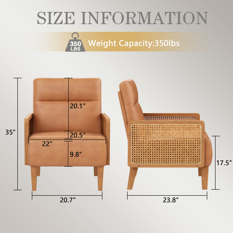 Upholstered Accent Chair With Rattan Arms And Solid Wood Legs, Brown