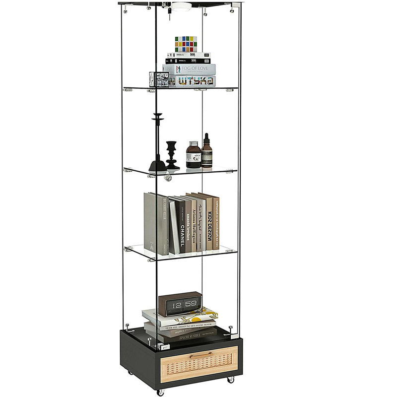 Modern Glass Display Cabinet with Drawer , Quick-assembly Antique Cabinet with LED lights, Tempered Glass Bookshelf,  1-Door Storage Case with 4 Shelves  for Living Room and Bedroom