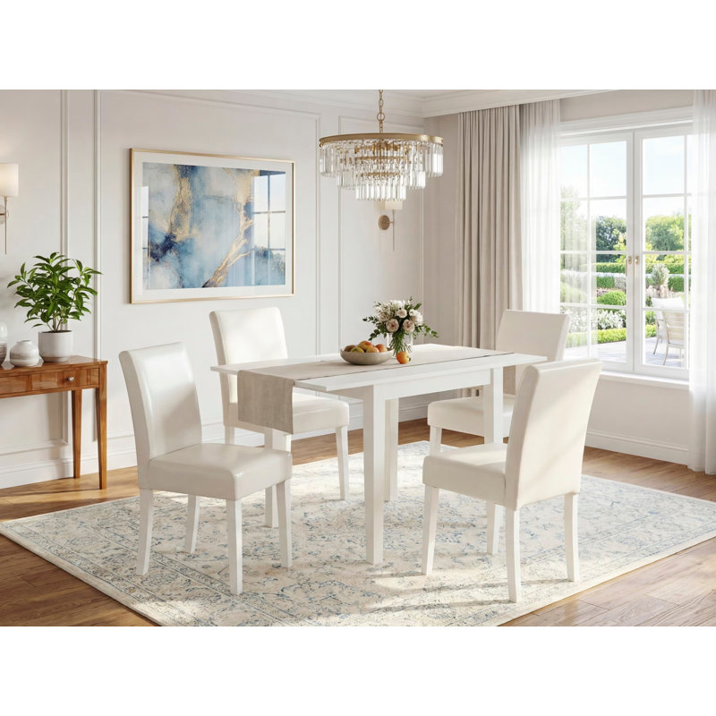 L'ensemble de 5 pièces pour 4 personnes comprend une table de salle à manger rectangulaire avec Dropleaf et 4 chaises Parson en similicuir blanc, lin blanc