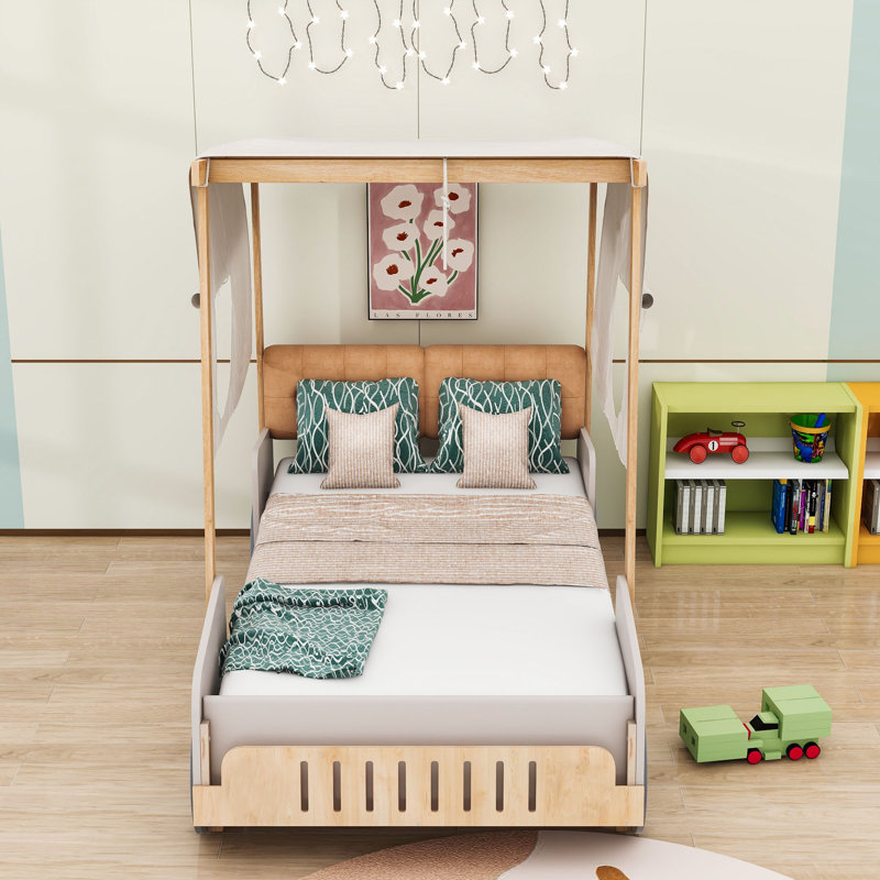 Jainy Wood Bed with Shelf and LED, Twin
