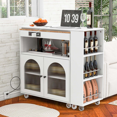 K&K Rolling Kitchen Island With Extended Table, Kitchen Island On Wheels With LED Lights,Power Outlets And 2 Fluted Glass Doors, Kitchen Island With A Storage Compartment And Side 3 Open Shelves,White