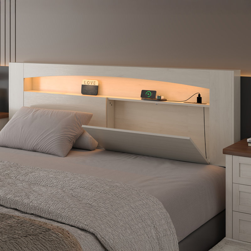 Tête de lit pour grand lit seulement avec lumières RVB et station de charge, tête de lit en bois avec tablettes ouvertes et tiroirs cachés, contrôle facile pour l'ambiance de la chambre à coucher (blanc)