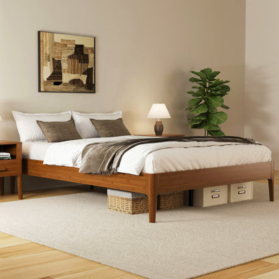 15 Inch High Queen Size Solid Dry Bamboo Wood Platform Bed Frame, With Wood Slat Metal Support, Modern & Minimalist Style, No Box Spring Needed, Easy Assembly, Brown