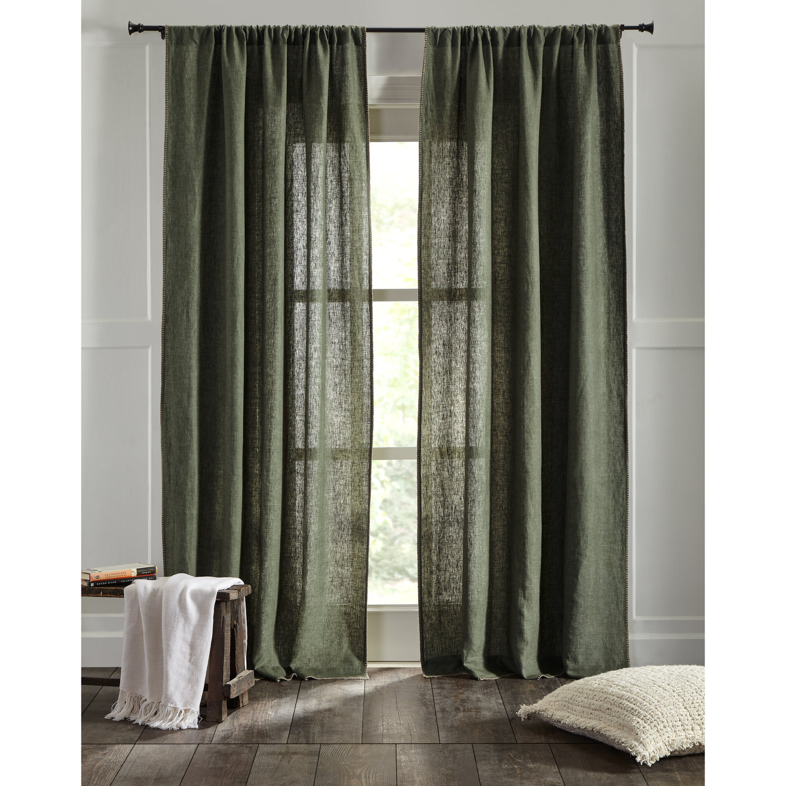 Brian Semi Sheer 100% Linen Curtain, 50" W x 108" L, Kale