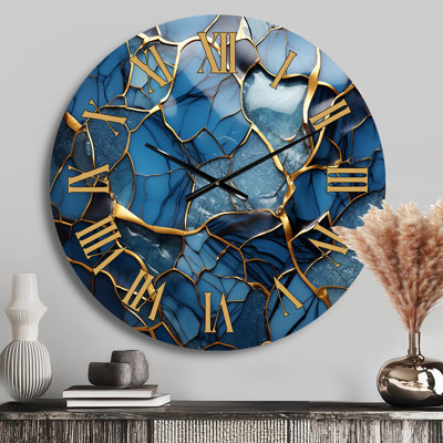 Gold And Blue Marble Mosaic Agate III - Abstract Golden Face Wall Clock