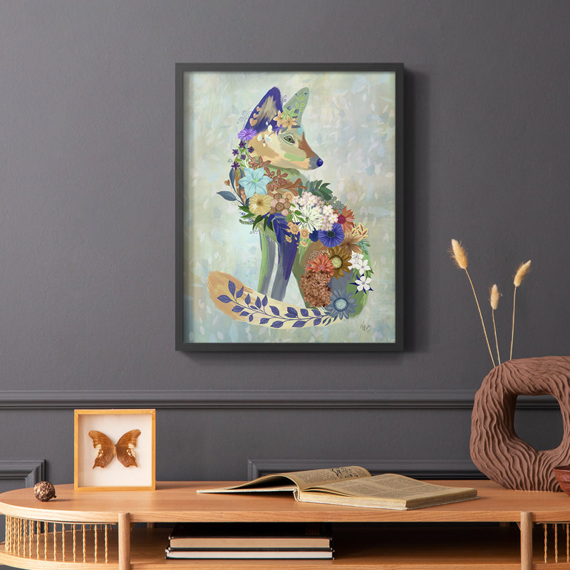 Fantastic Florals Fox, assis, reproduction encadrée - bois massif, Black, H 28 po x l 22 po
