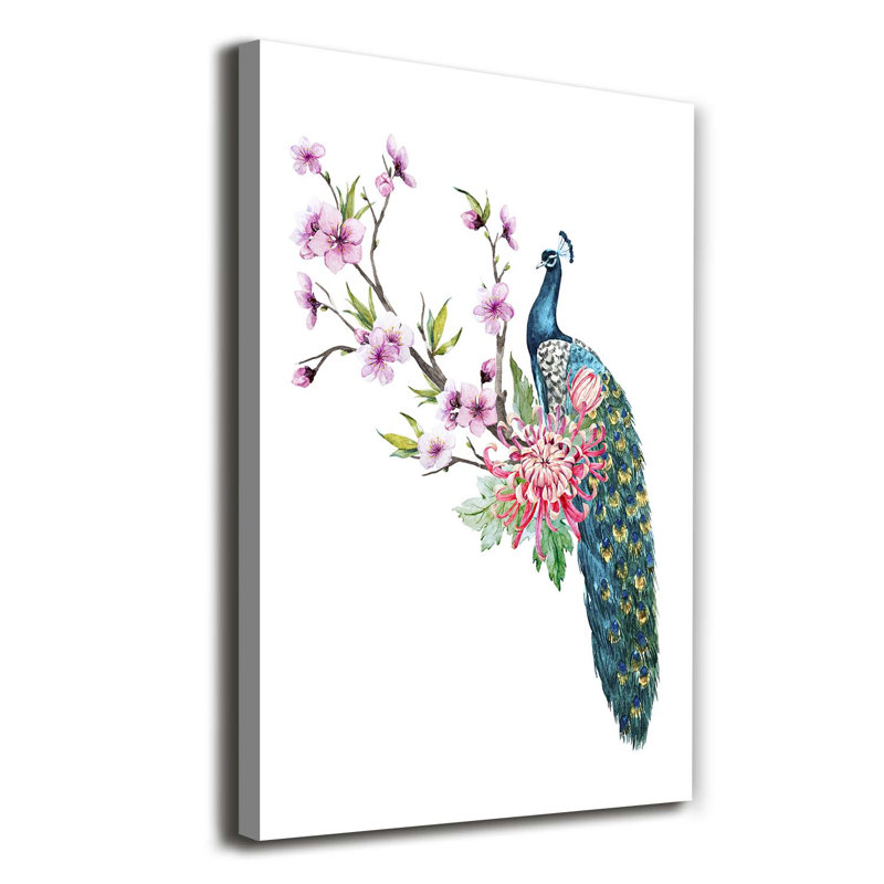 Peacock And Flowers - Wrapped Canvas Print