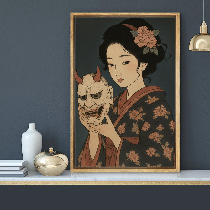 «Woman with Demon Mask in Floral Kimono Art», reproduction d'art sur toile encadrée, H 24 po x l 16 po x P 1,5 po