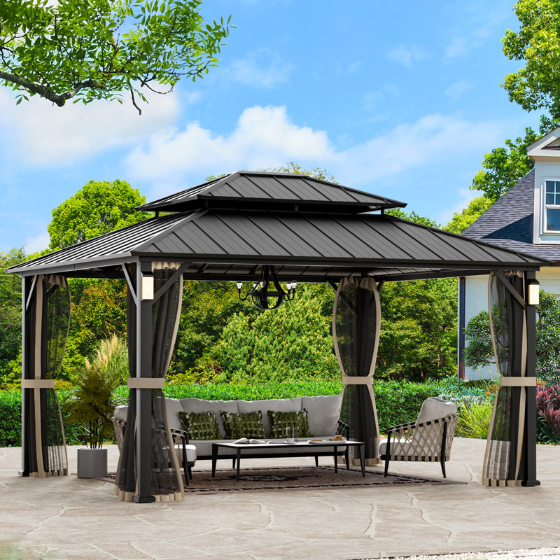 Pavillon de jardin à toit rigide 12 pi x 14 pi Hamilton avec lumières solaires auto-alimentées, moustiquaire et crochet pour auvent