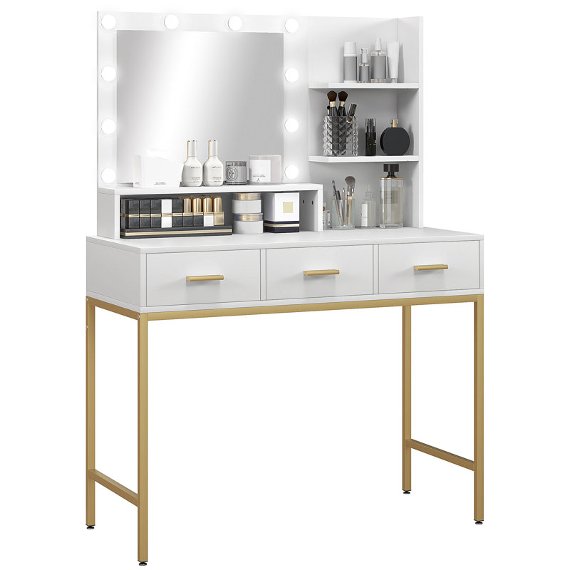 Vanity Table, Makeup Table with LED Mirror and Storage, White