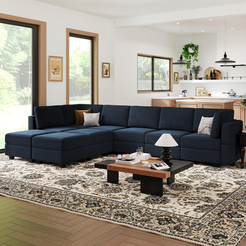 Wylodene 9-Piece Reversible Modular and Standard Velvet Sectional with Storage, Blue Velvet