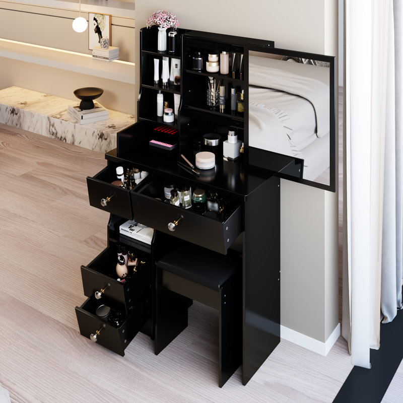 American Style 50.4" High Vanity Table With Left Drawer, Right Sliding Mirror, And Cushioned Stool, Black For Small Spaces, Multi - Layer Storage