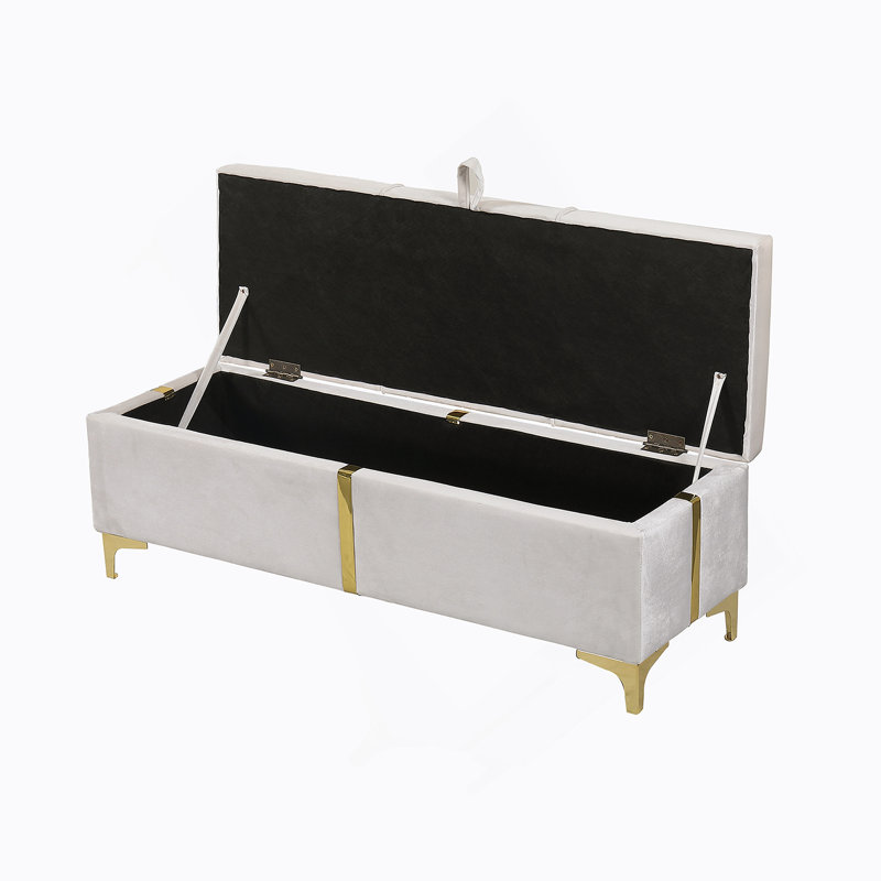 Ensemble de chambre à coucher 2 pièces, lit plateforme tapissier grand avec système de rangement hydraulique, repose-pieds avec pieds en métal, beige