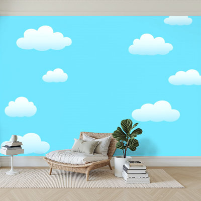 Peel and Stick Wallpaper 144" W x 100" H Modern Self Adhesive Wall Mural for Bedroom White Cartoon Clouds Blue Sky Seamless Minimal Flat Design