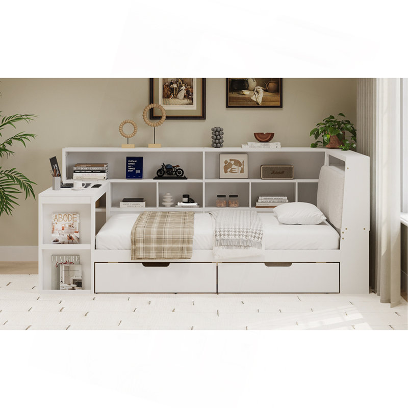 L-Shaped Wooden Daybed With Desk And Storage Bookcase, Corner Bed With Upholstered Headboard And Under-Bed Drawers And LED Light For For Bedroom Living Room