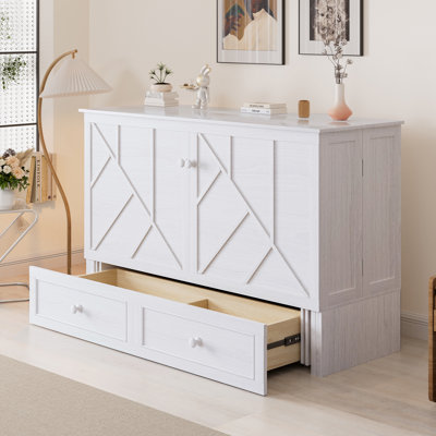 Queen Solid Wood Murphy Bed with USB,with Mattress & Large Storage Drawer