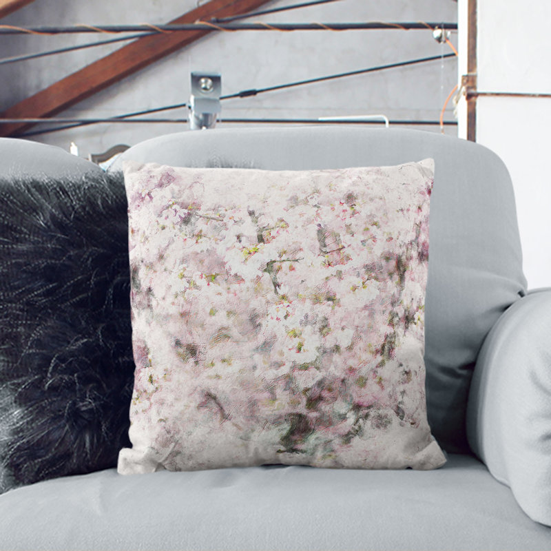Cherry Blossoms Watercolour Cushion with Filling, Stone, 55cm H x 55cm W x 20cm D