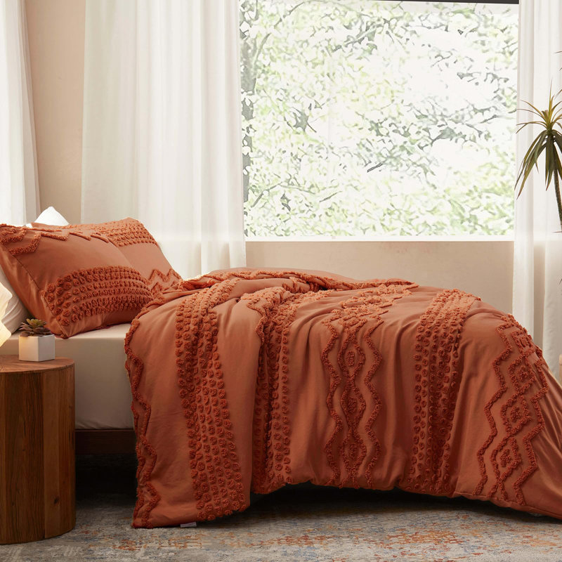 Ensemble d'édredon touffeté 3 pièces Boho Farmhouse, Terracotta, Édredon pour très grand lit + 2 taies décorativ