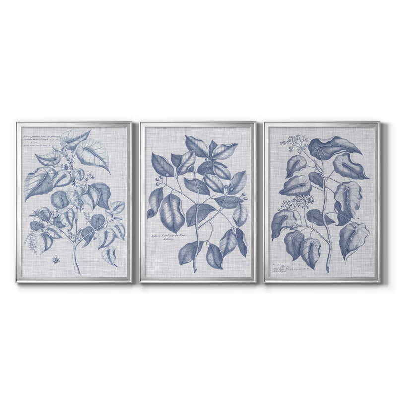 Bleu marine et lin botanique VI - Toile tendue avec châssis sur mesure - 3 pièces, H 19 po x l 27 po, Argent argent