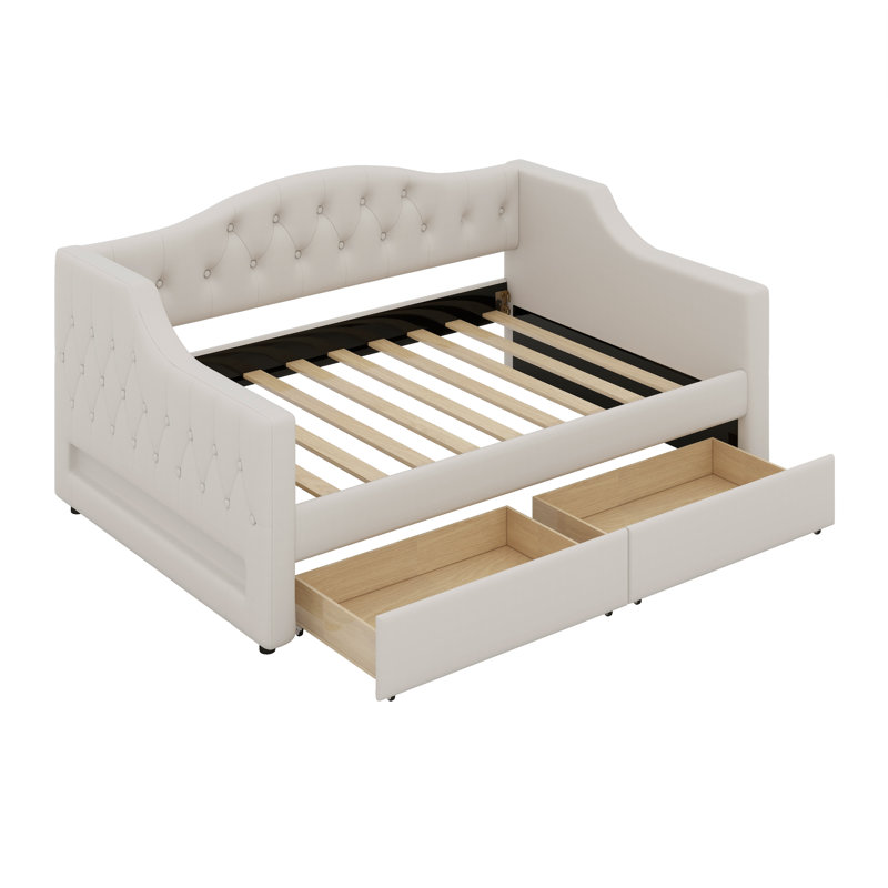 Élégant lit de jour rembourré pour les espaces confortables, lit simple TG avec deux tiroirs, Beige