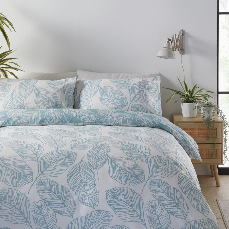 Matteo Cotton Blend Floral Duvet Cover Set with Pillowcases, King - 2 Standard Pillowcase, Duck Egg